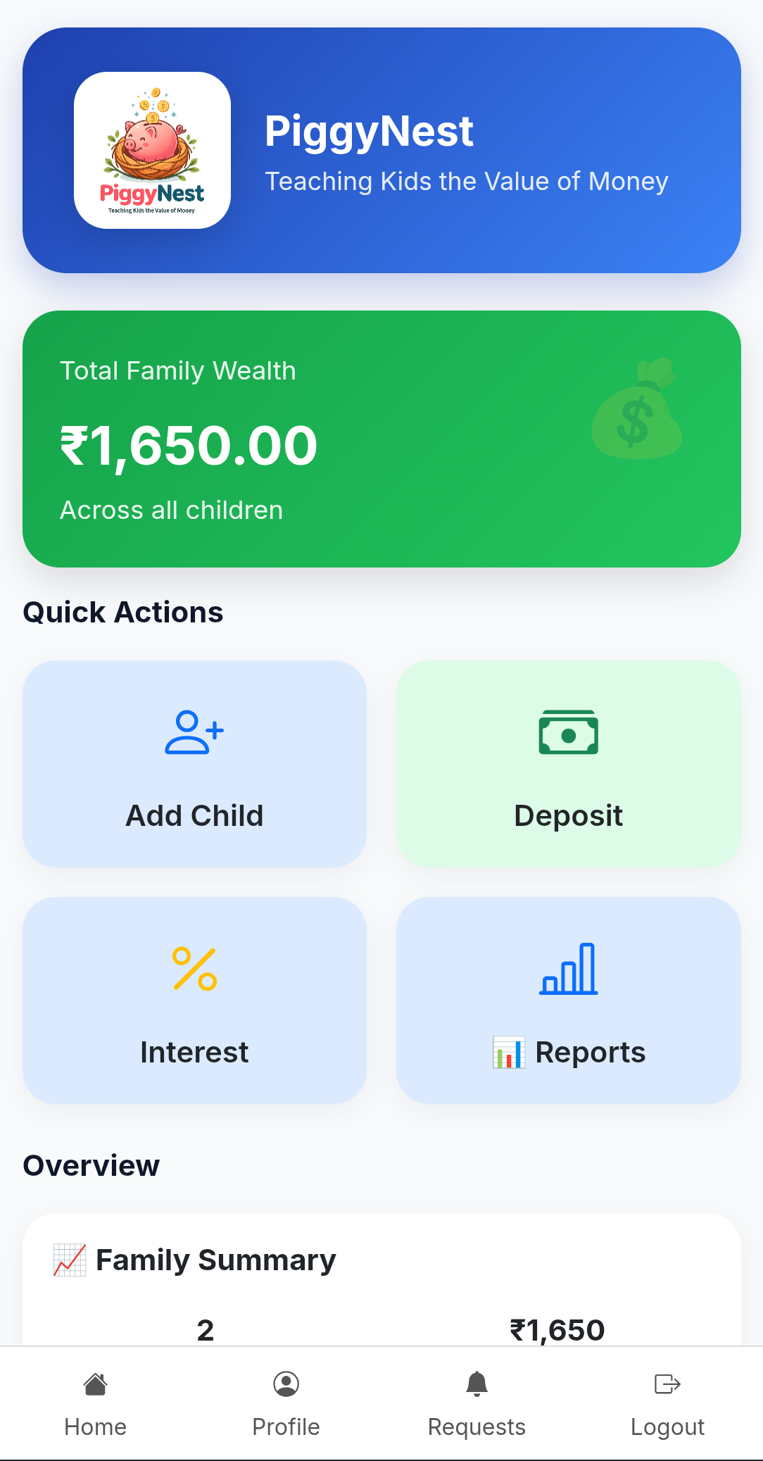 PiggyNest parent controlled family dashboard