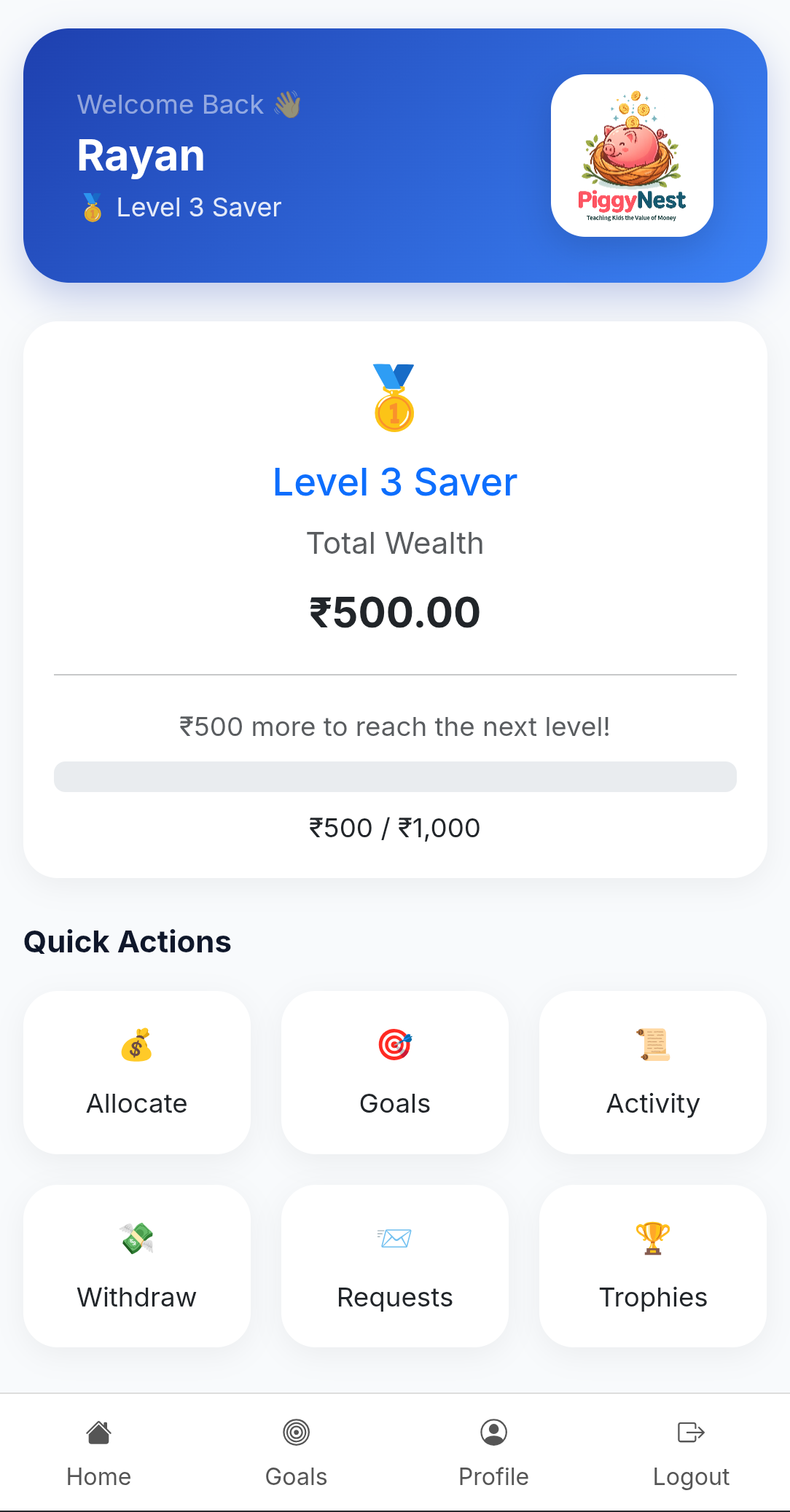 PiggyNest child savings dashboard