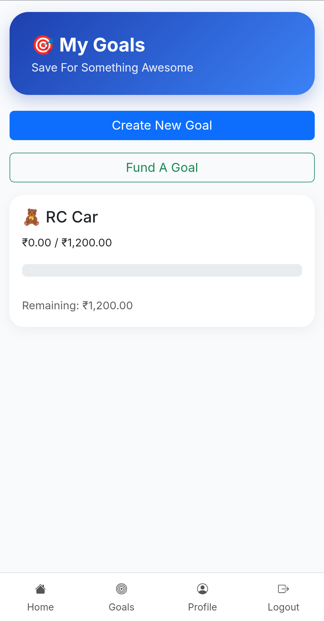 PiggyNest savings goals screen